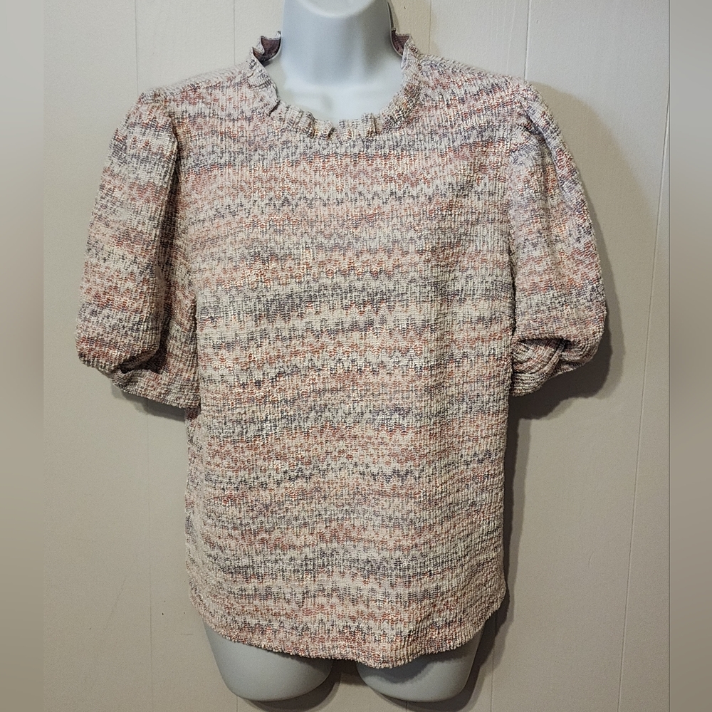 Cato Sweater Puff Sleeves Multicolor with Silver Flecks Shimmers Large Soft A969